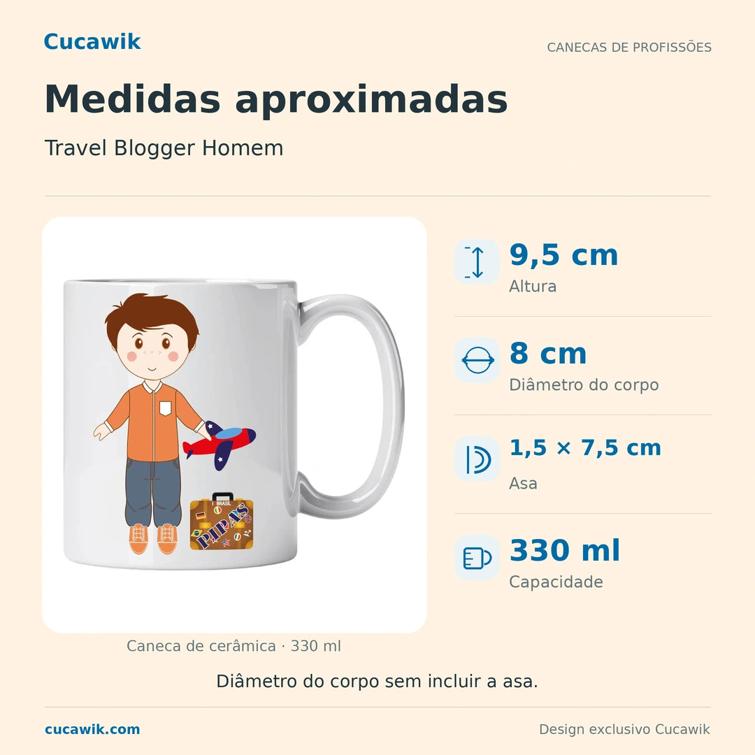 Caneca de Cerâmica Travel Blogger Homem — Medidas aproximadas | Cucawik