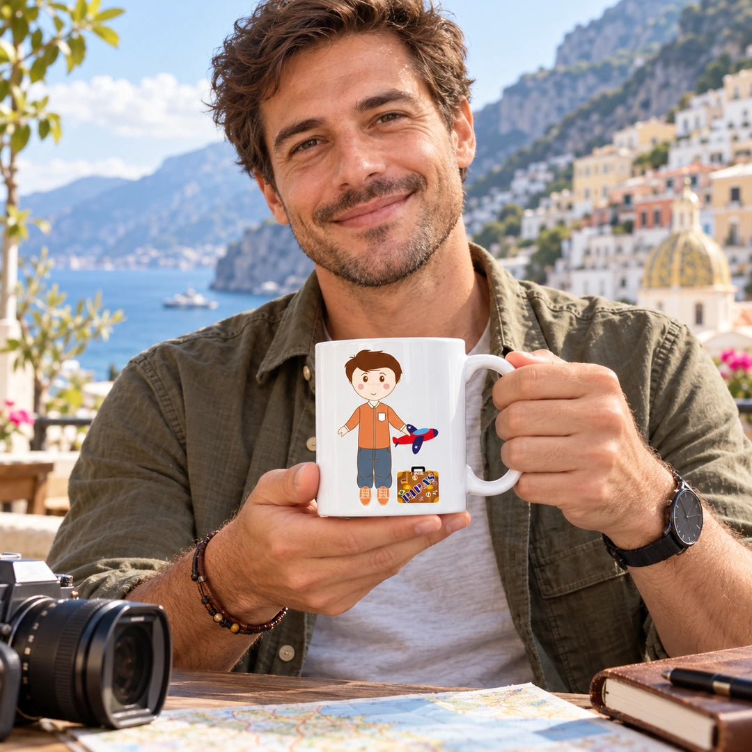 Caneca de Cerâmica Travel Blogger Homem em utilização | Cucawik