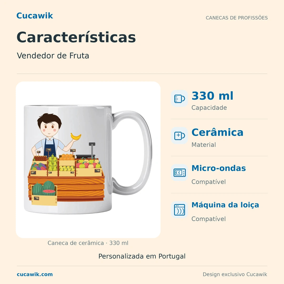 Caneca de Cerâmica Vendedor de Fruta — Características | Cucawik