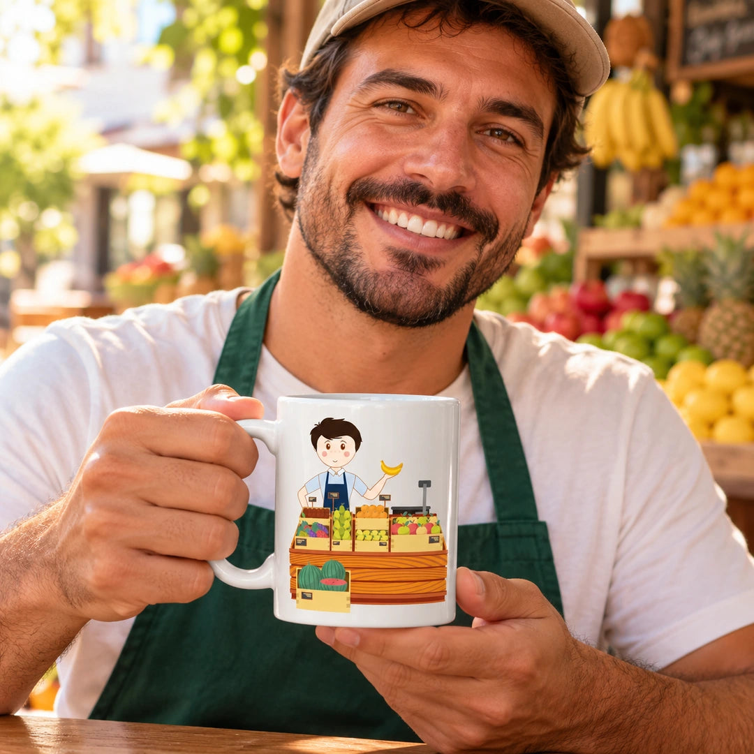 Caneca de Cerâmica Vendedor de Fruta em utilização | Cucawik