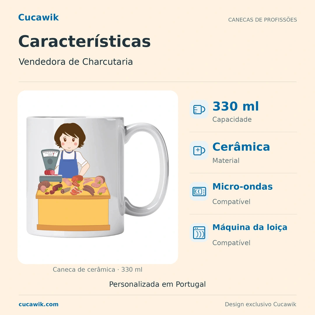 Caneca de Cerâmica Vendedora de Charcutaria — Características | Cucawik