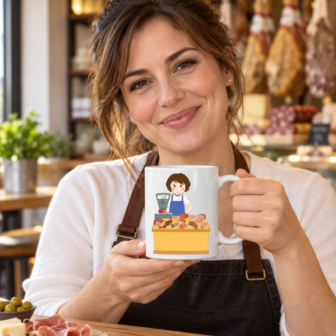 Caneca de Cerâmica Vendedora de Charcutaria em utilização | Cucawik