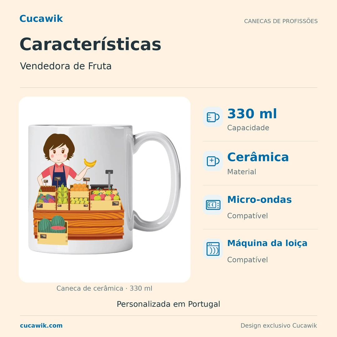 Caneca de Cerâmica Vendedora de Fruta — Características | Cucawik