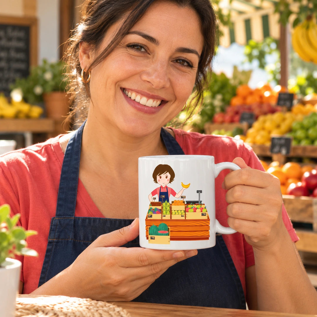Caneca de Cerâmica Vendedora de Fruta em utilização | Cucawik