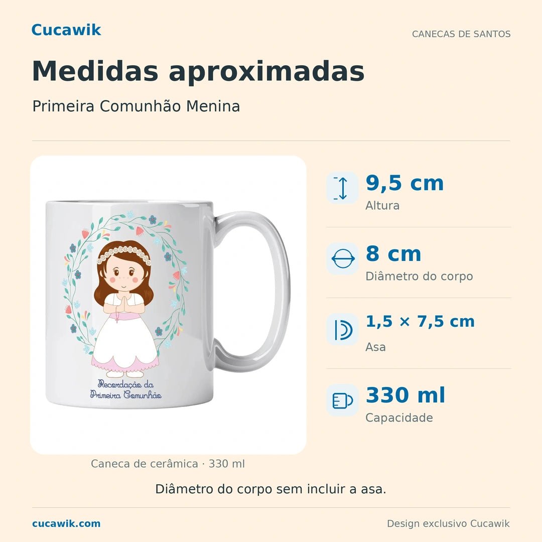 Caneca de Cerâmica Primeira Comunhão Menina — Medidas aproximadas | Cucawik