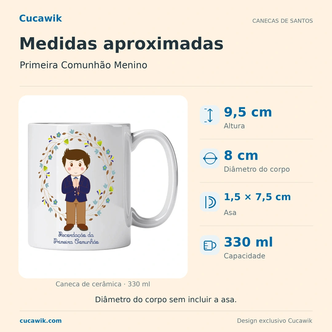 Caneca de Cerâmica Primeira Comunhão Menino — Medidas aproximadas | Cucawik