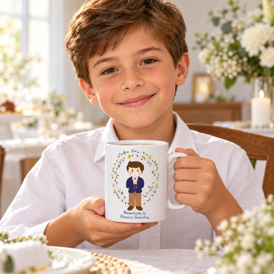 Caneca de Cerâmica Primeira Comunhão Menino em utilização | Cucawik