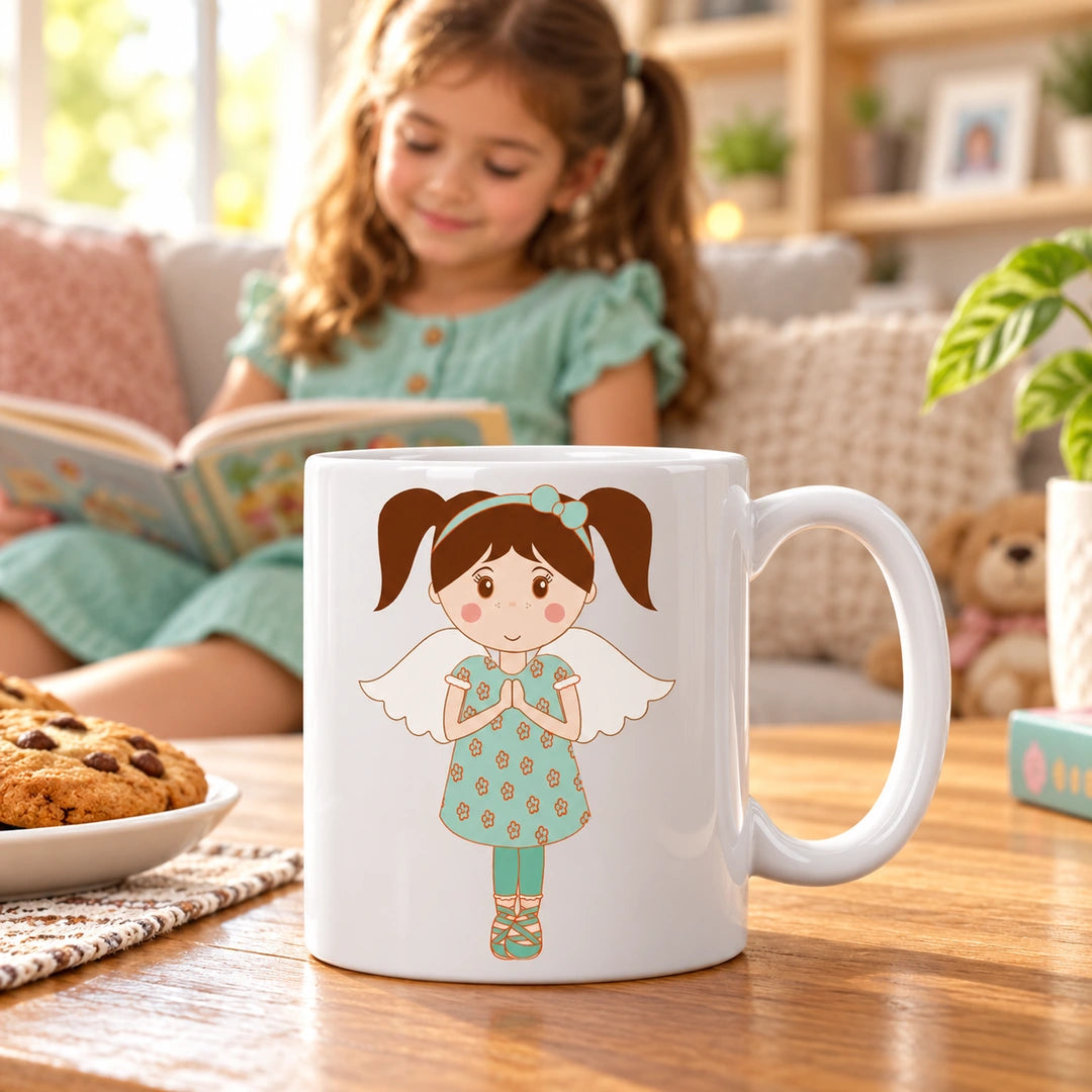 Caneca de Cerâmica Anjo Menina em ambiente lifestyle | Cucawik