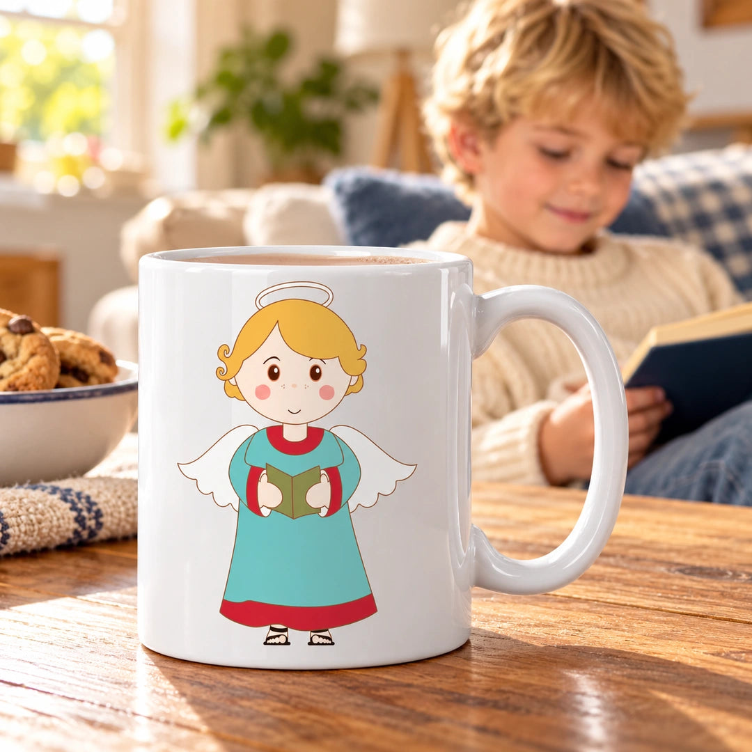 Caneca de Cerâmica Anjo Loiro Menino em ambiente lifestyle | Cucawik