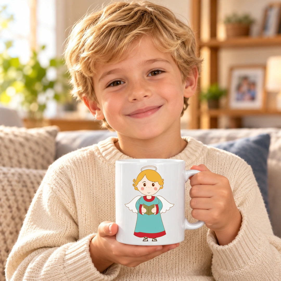 Caneca de Cerâmica Anjo Loiro Menino em utilização | Cucawik