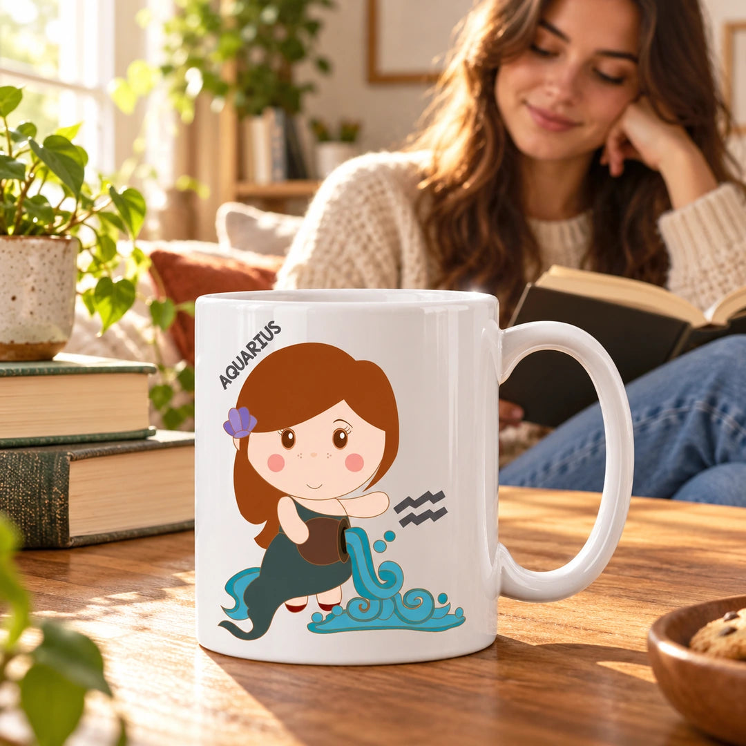 Caneca de Cerâmica Signo Aquário em ambiente lifestyle | Cucawik