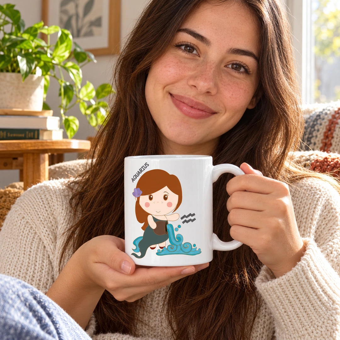 Caneca de Cerâmica Signo Aquário em utilização | Cucawik