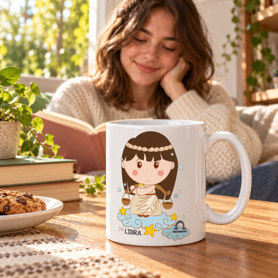 Caneca de Cerâmica Signo Balança em ambiente lifestyle | Cucawik