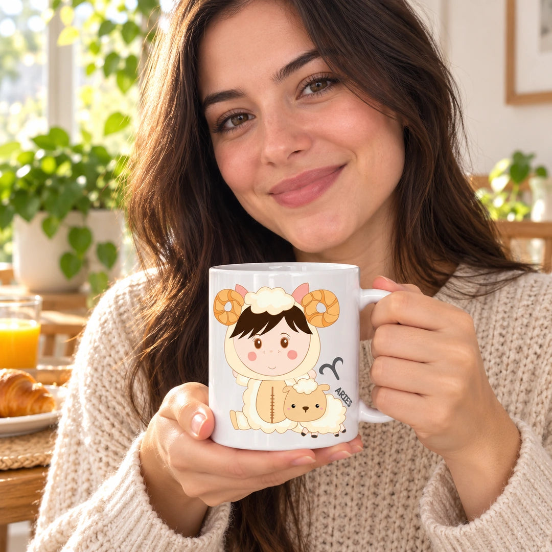Caneca de Cerâmica Signo Carneiro em utilização | Cucawik