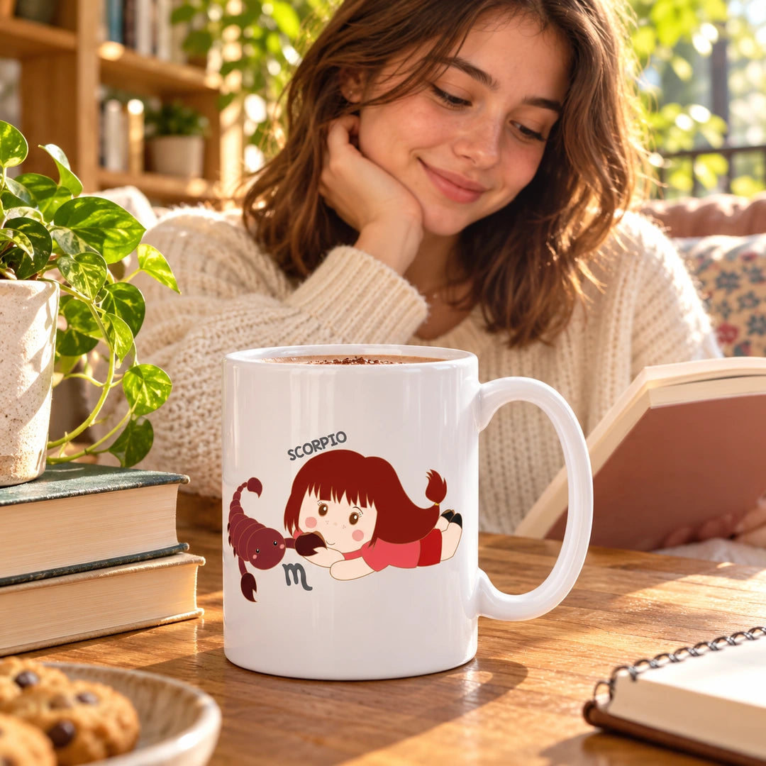 Caneca de Cerâmica Signo Escorpião em ambiente lifestyle | Cucawik