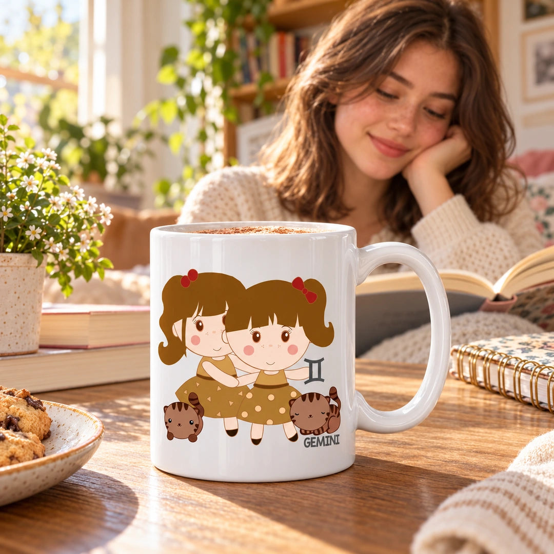 Caneca de Cerâmica Signo Gémeos em ambiente lifestyle | Cucawik