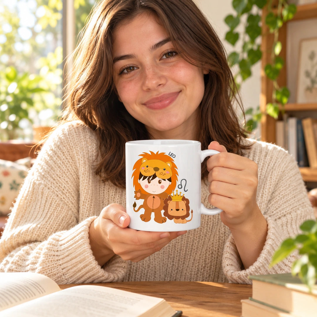 Caneca de Cerâmica Signo Leão em utilização | Cucawik