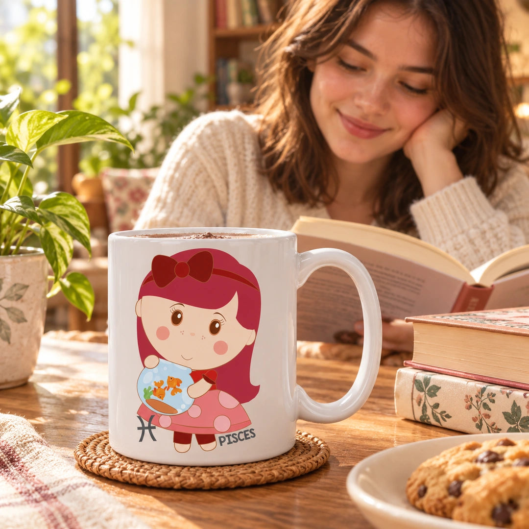 Caneca de Cerâmica Signo Peixes em ambiente lifestyle | Cucawik