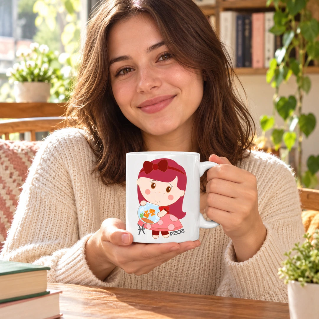 Caneca de Cerâmica Signo Peixes em utilização | Cucawik
