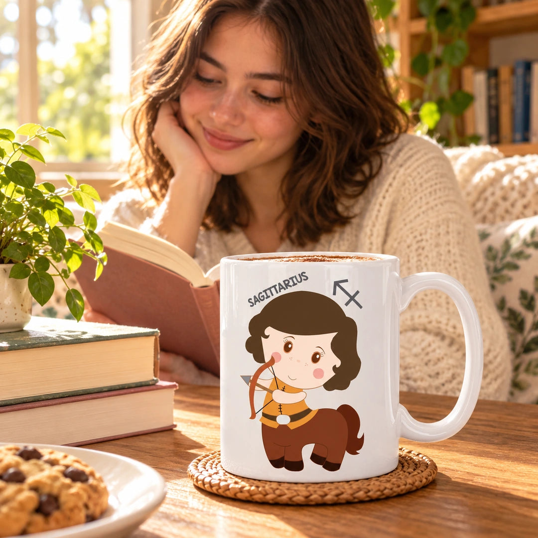 Caneca de Cerâmica Signo Sagitário em ambiente lifestyle | Cucawik