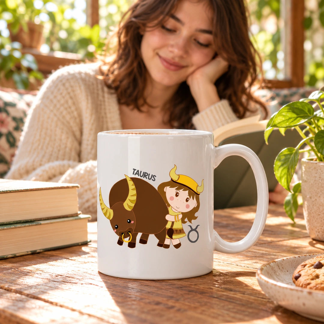 Caneca de Cerâmica Signo Touro em ambiente lifestyle | Cucawik
