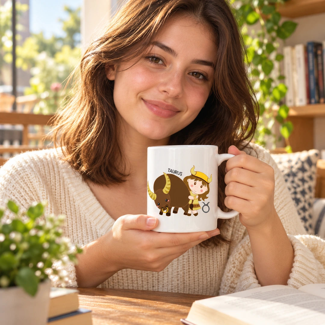 Caneca de Cerâmica Signo Touro em utilização | Cucawik