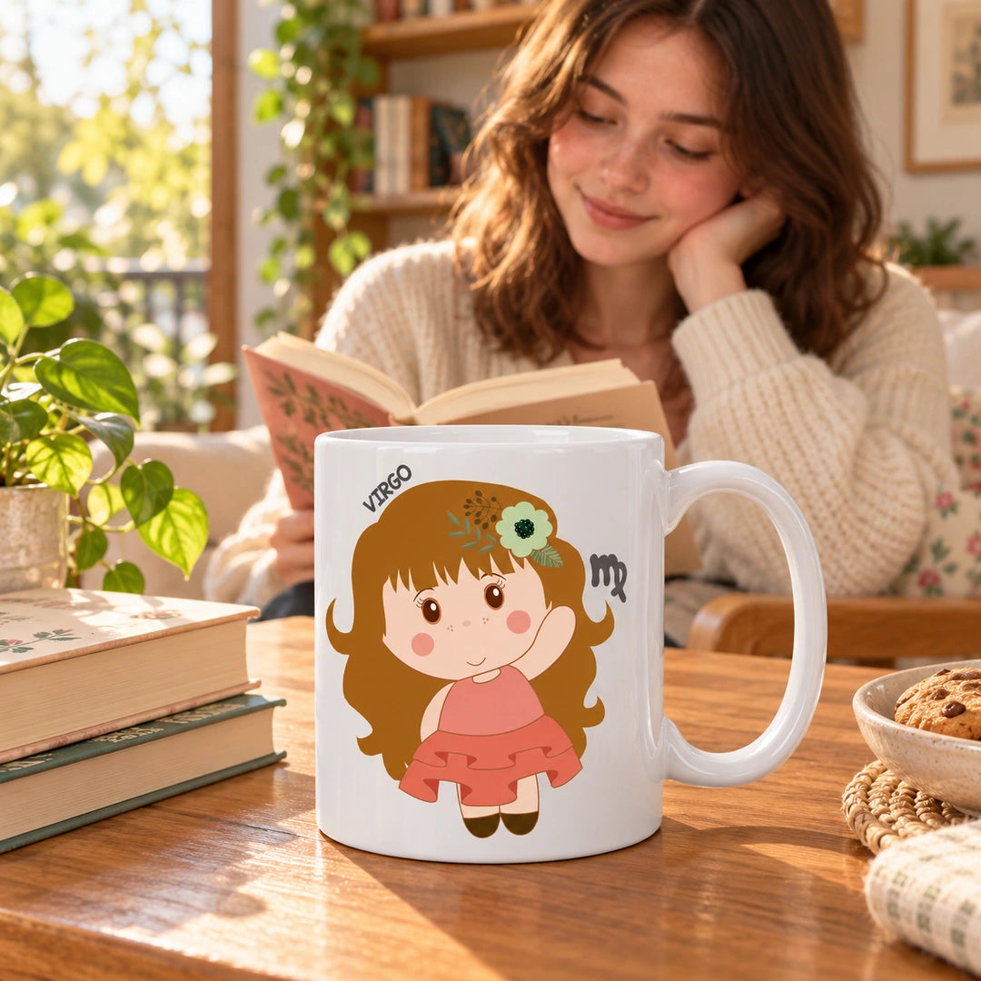Caneca de Cerâmica Signo Virgem em ambiente lifestyle | Cucawik