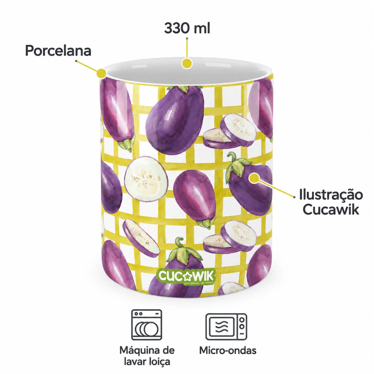 Copo de Cerâmica Beringelas Aguarela Fundo Xadrez Lima — porcelana, 330 ml, máquina de lavar loiça e micro-ondas