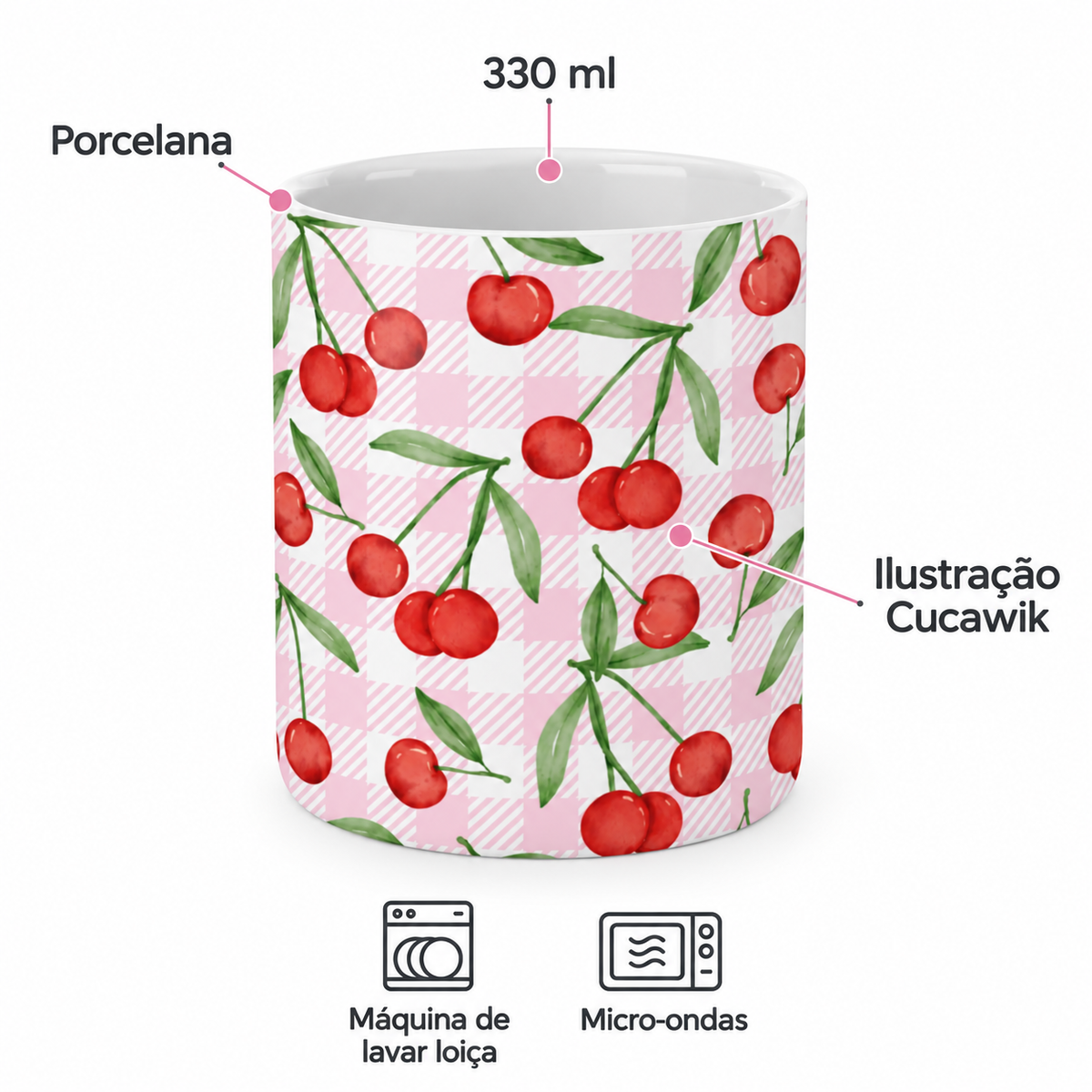 Copo de Cerâmica Cerejas do Fundão Fundo Xadrez Rosa — porcelana, 330 ml, máquina de lavar loiça e micro-ondas