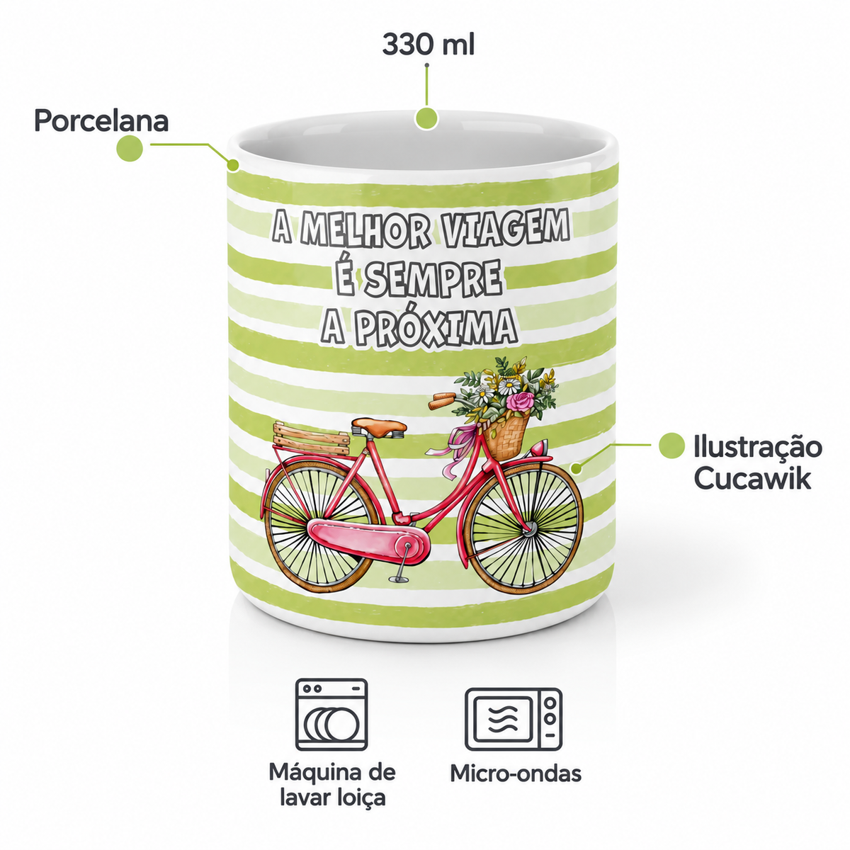 Copo de Cerâmica com a Frase "A Melhor Viagem é Sempre a Próxima" — porcelana, 330 ml, máquina de lavar loiça e micro-ondas