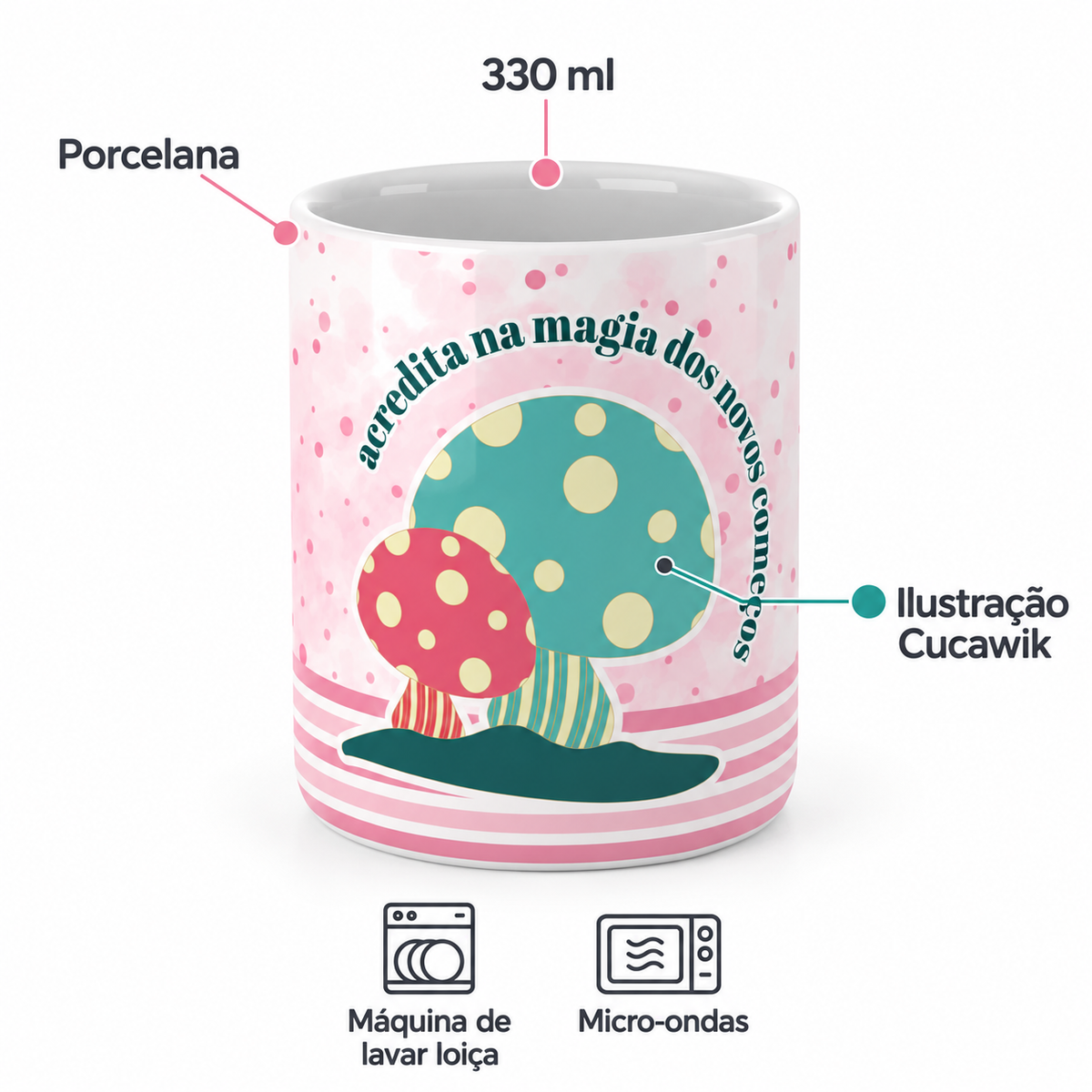 Copo de Cerâmica com a Frase "Acredita na Magia dos Novos Começos" — porcelana, 330 ml, máquina de lavar loiça e micro-ondas