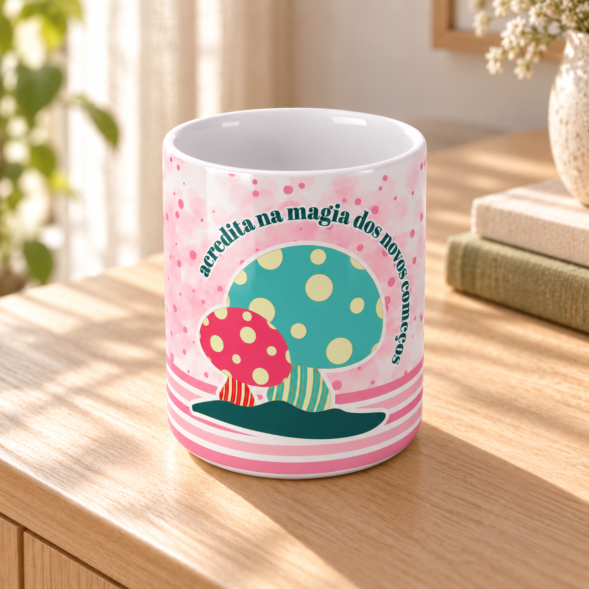 Copo de Cerâmica com a Frase "Acredita na Magia dos Novos Começos" — ambiente lifestyle