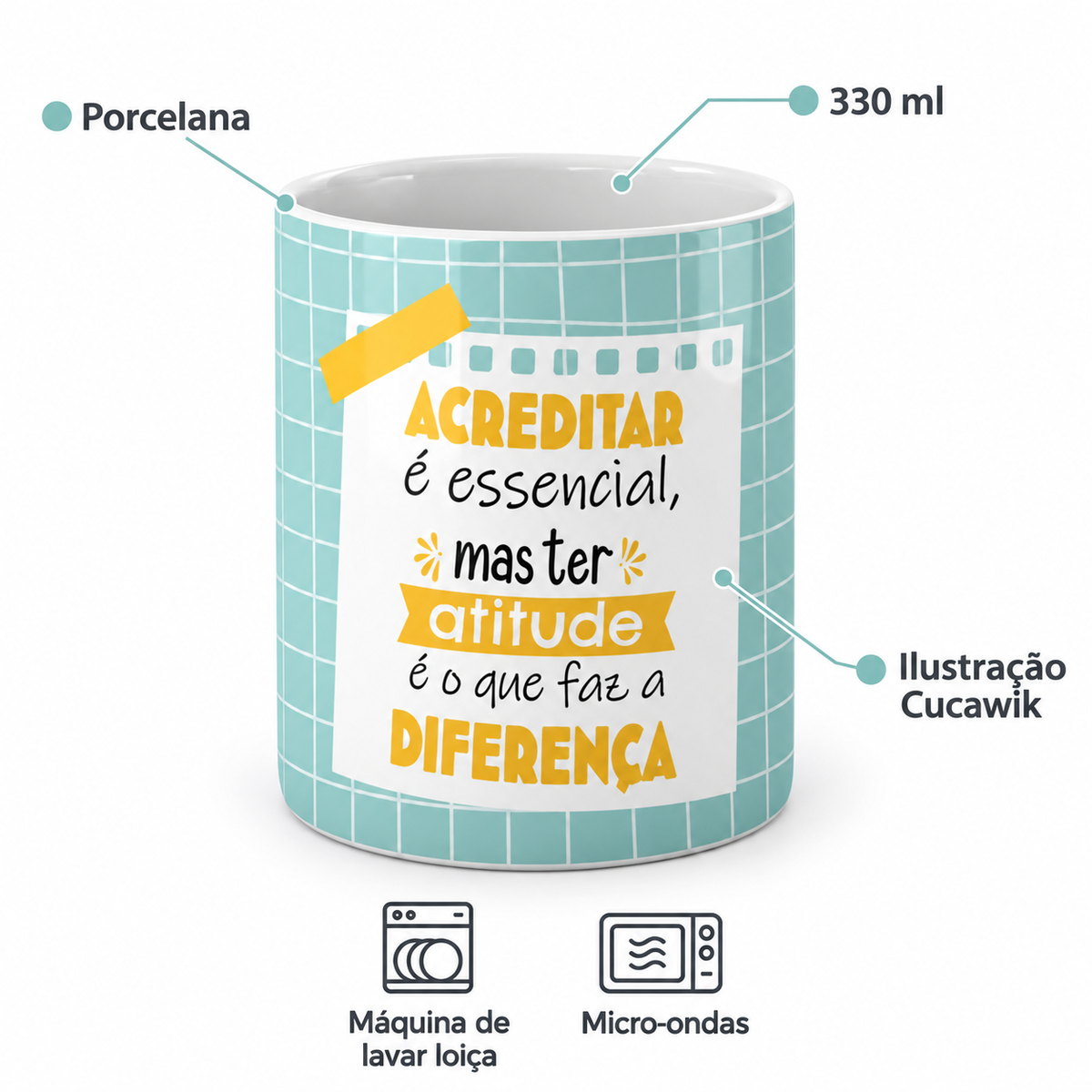 Copo de Cerâmica com a Frase "Acreditar é Essencial, Mas ter Atitude é o que Faz a Diferença" — porcelana, 330 ml, máquina de lavar loiça e micro-ondas