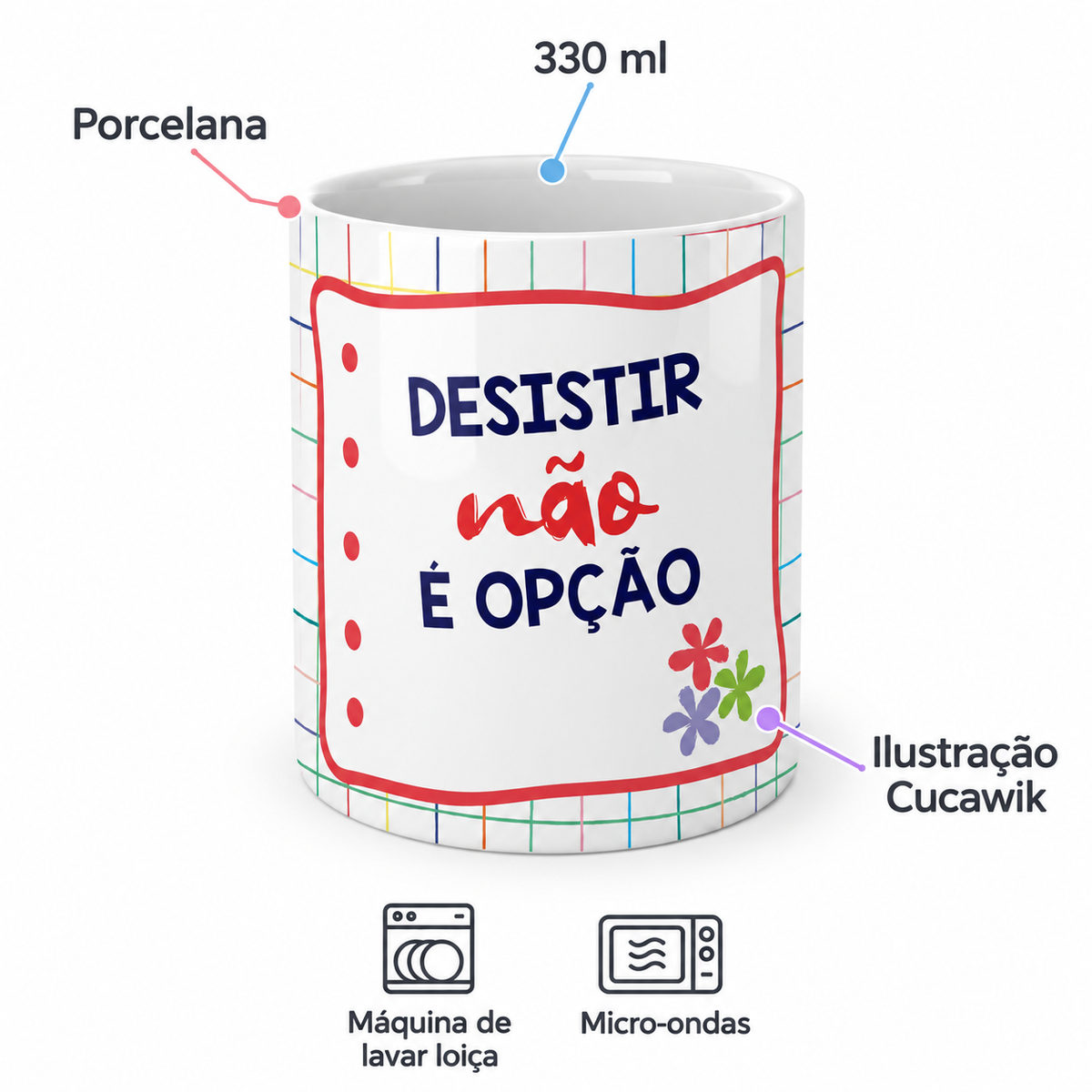 Copo de Cerâmica com a Frase "Desistir Não é Opção" — porcelana, 330 ml, máquina de lavar loiça e micro-ondas