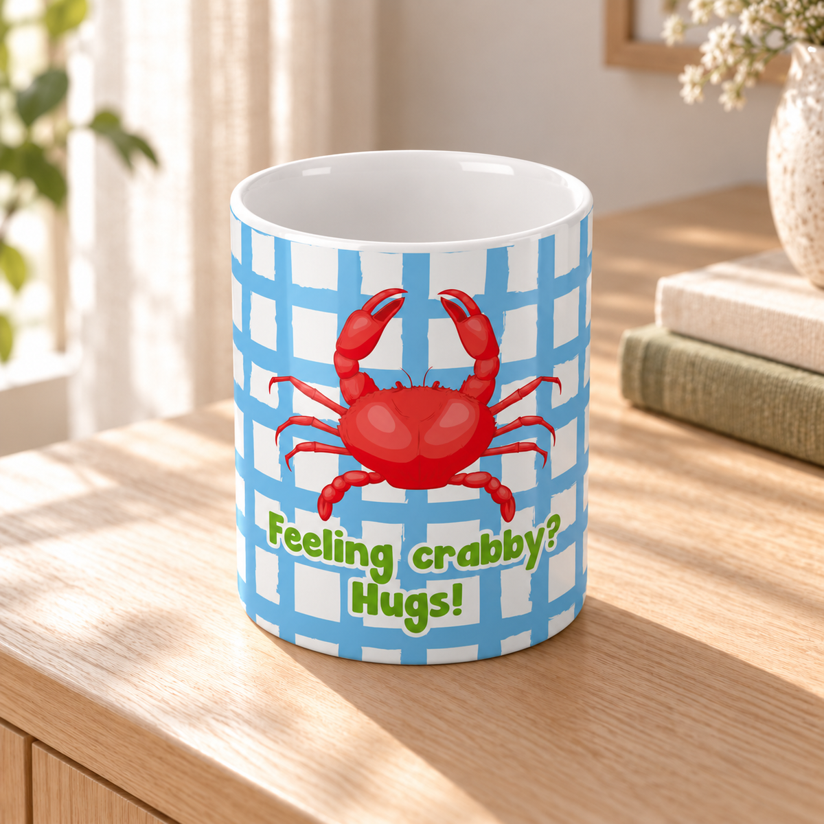 Copo de Cerâmica com a Frase "Feeling Crabby? Hugs!" — ambiente lifestyle
