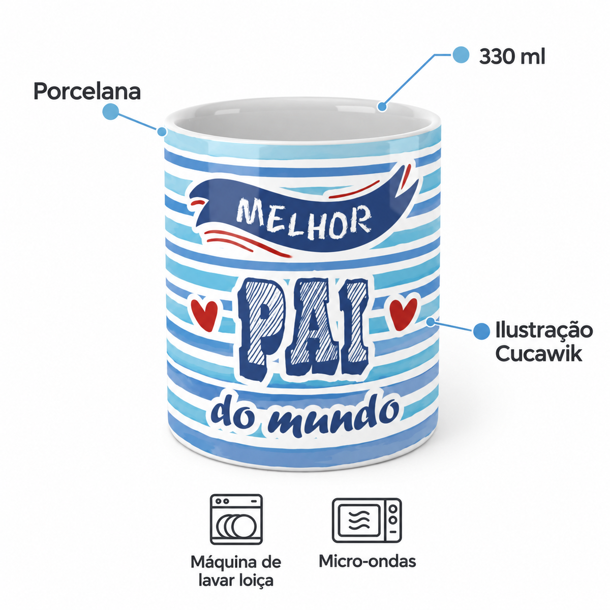Copo de Cerâmica com a Frase "Melhor Pai do Mundo" — porcelana, 330 ml, máquina de lavar loiça e micro-ondas