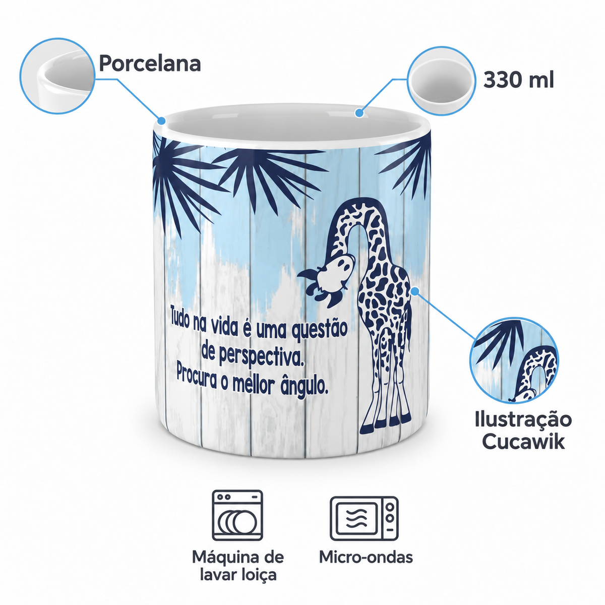 Copo de Cerâmica com a Frase "Tudo na Vida é uma Questão de Perspectiva, Procura o Melhor Ângulo" — porcelana, 330 ml, máquina de lavar loiça e micro-ondas