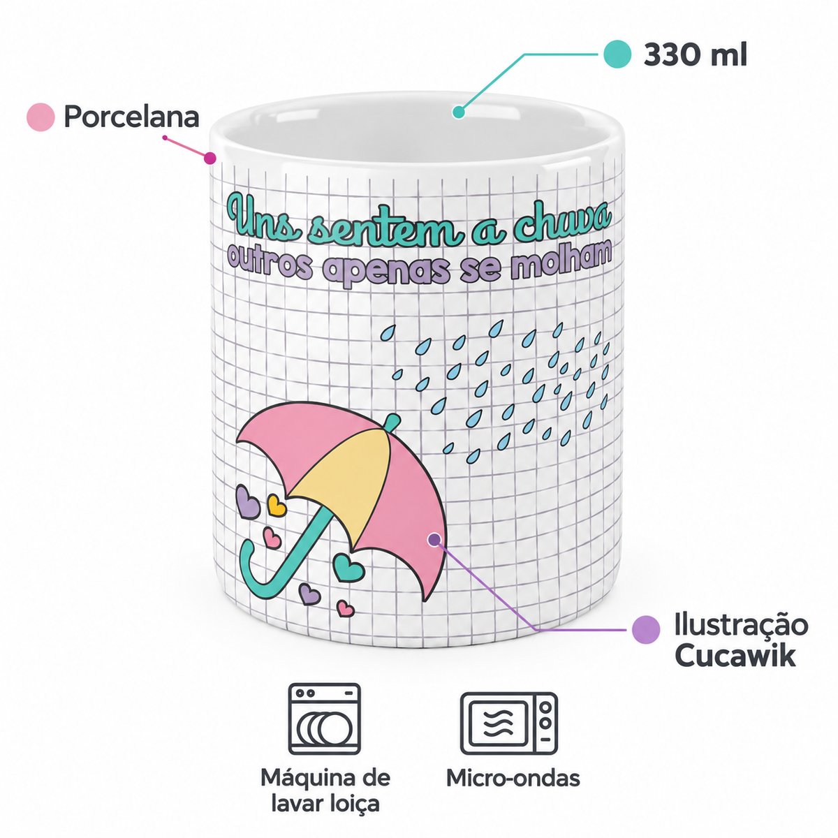 Copo de Cerâmica com a Frase "Uns Sentem a Chuva, Outros Apenas se Molham" — porcelana, 330 ml, máquina de lavar loiça e micro-ondas
