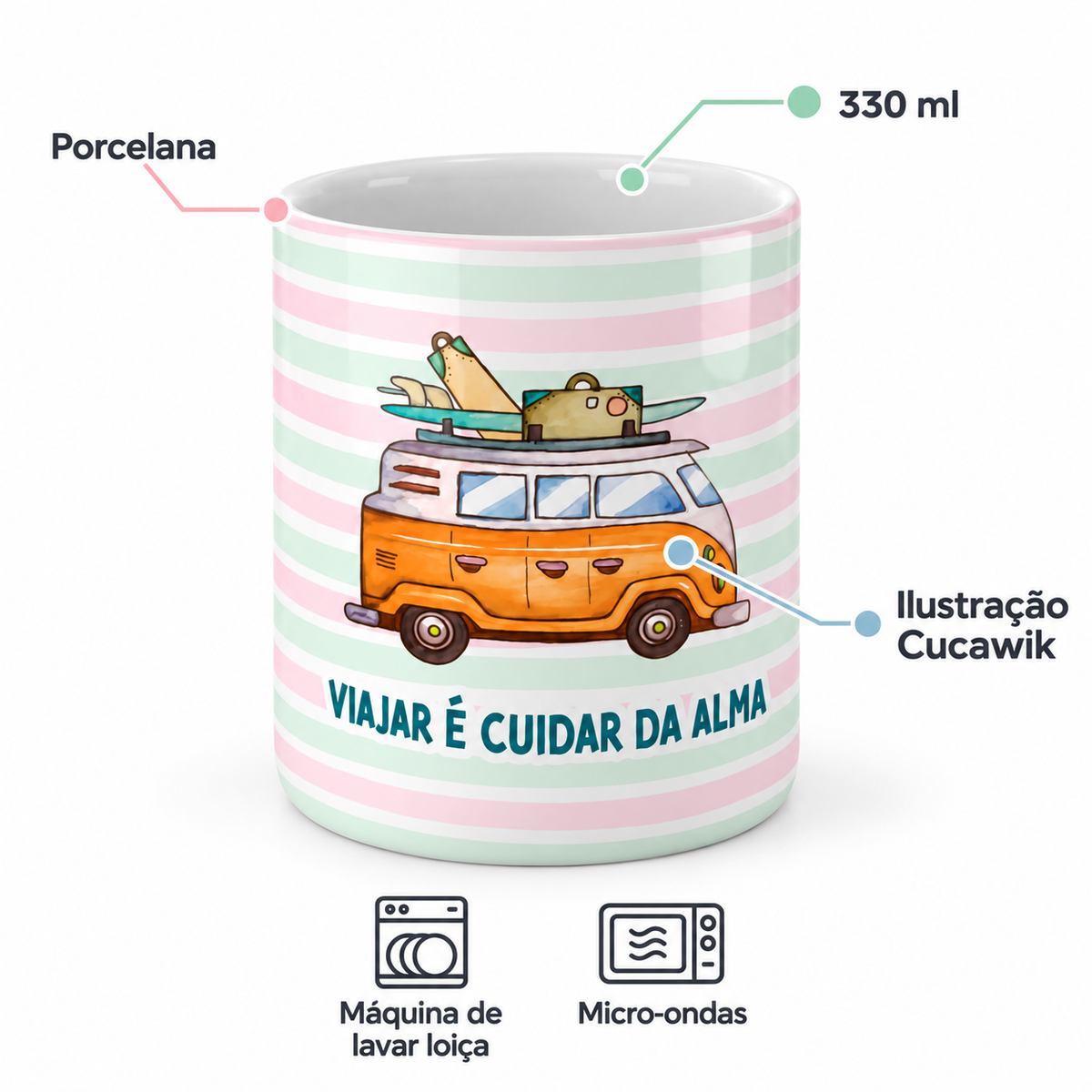 Copo de Cerâmica com a Frase "Viajar é Cuidar da Alma" — porcelana, 330 ml, máquina de lavar loiça e micro-ondas