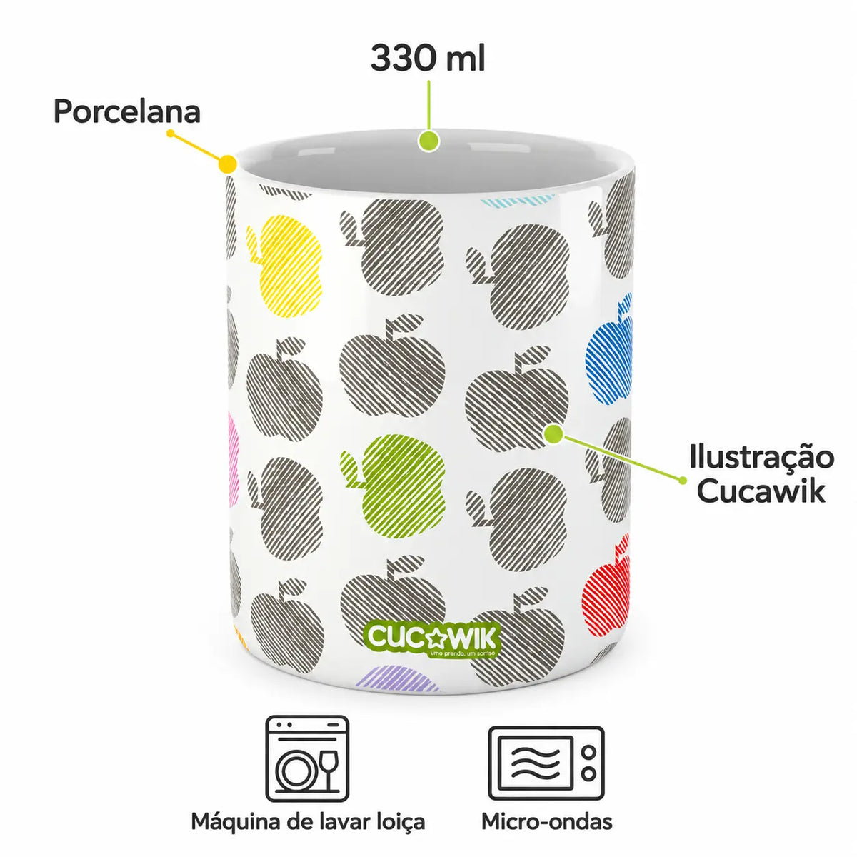 Copo de Cerâmica Maçãs Coloridas — porcelana, 330 ml, máquina de lavar loiça e micro-ondas