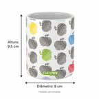Copo de Cerâmica Maçãs Coloridas — medidas aproximadas: altura 9,5 cm e diâmetro 8 cm