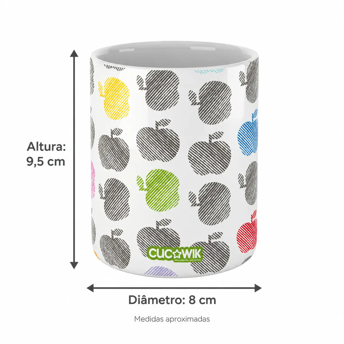 Copo de Cerâmica Maçãs Coloridas — medidas aproximadas: altura 9,5 cm e diâmetro 8 cm