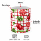 Copo de Cerâmica Tomate Manjericão Xadrez — porcelana, 330 ml, máquina de lavar loiça e micro-ondas
