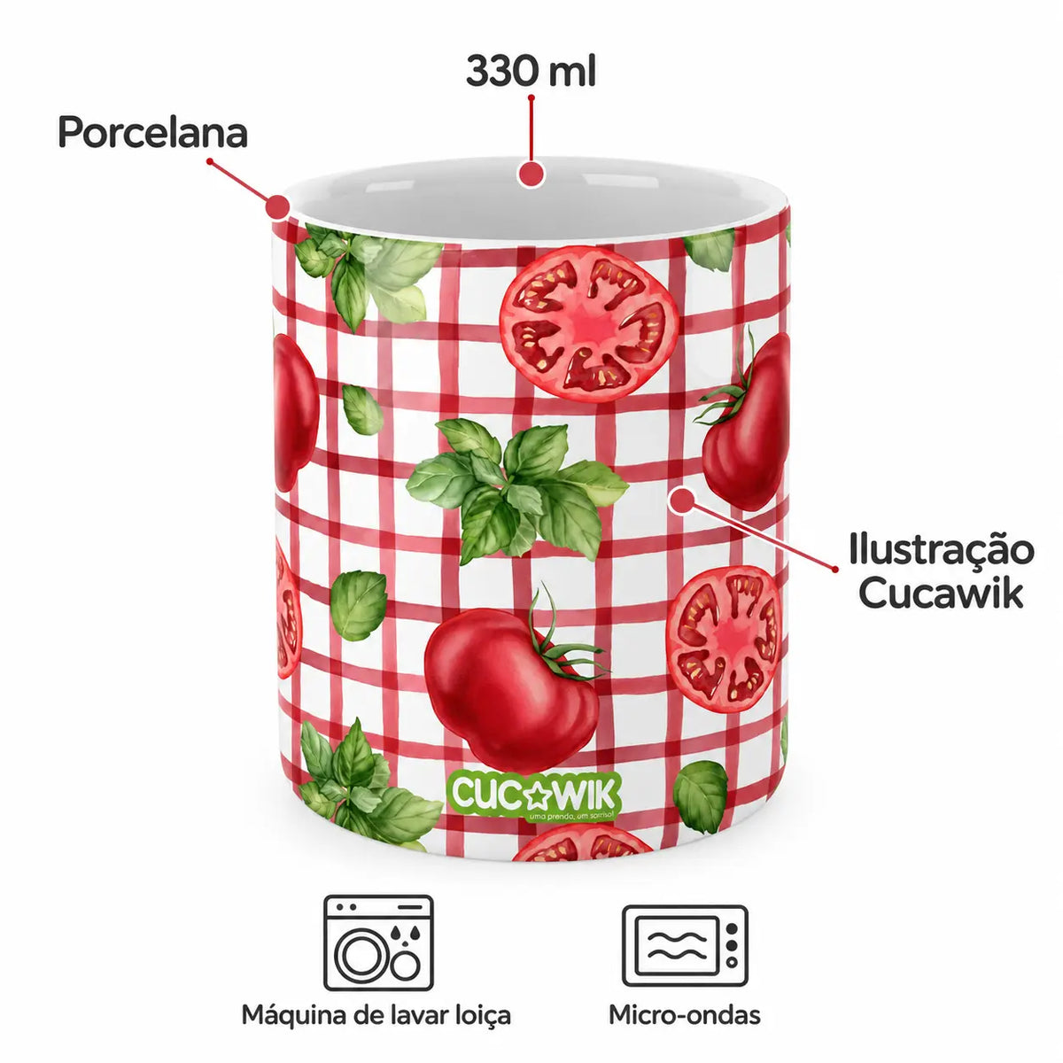 Copo de Cerâmica Tomate Manjericão Xadrez — porcelana, 330 ml, máquina de lavar loiça e micro-ondas