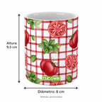 Copo de Cerâmica Tomate Manjericão Xadrez — medidas aproximadas: altura 9,5 cm e diâmetro 8 cm