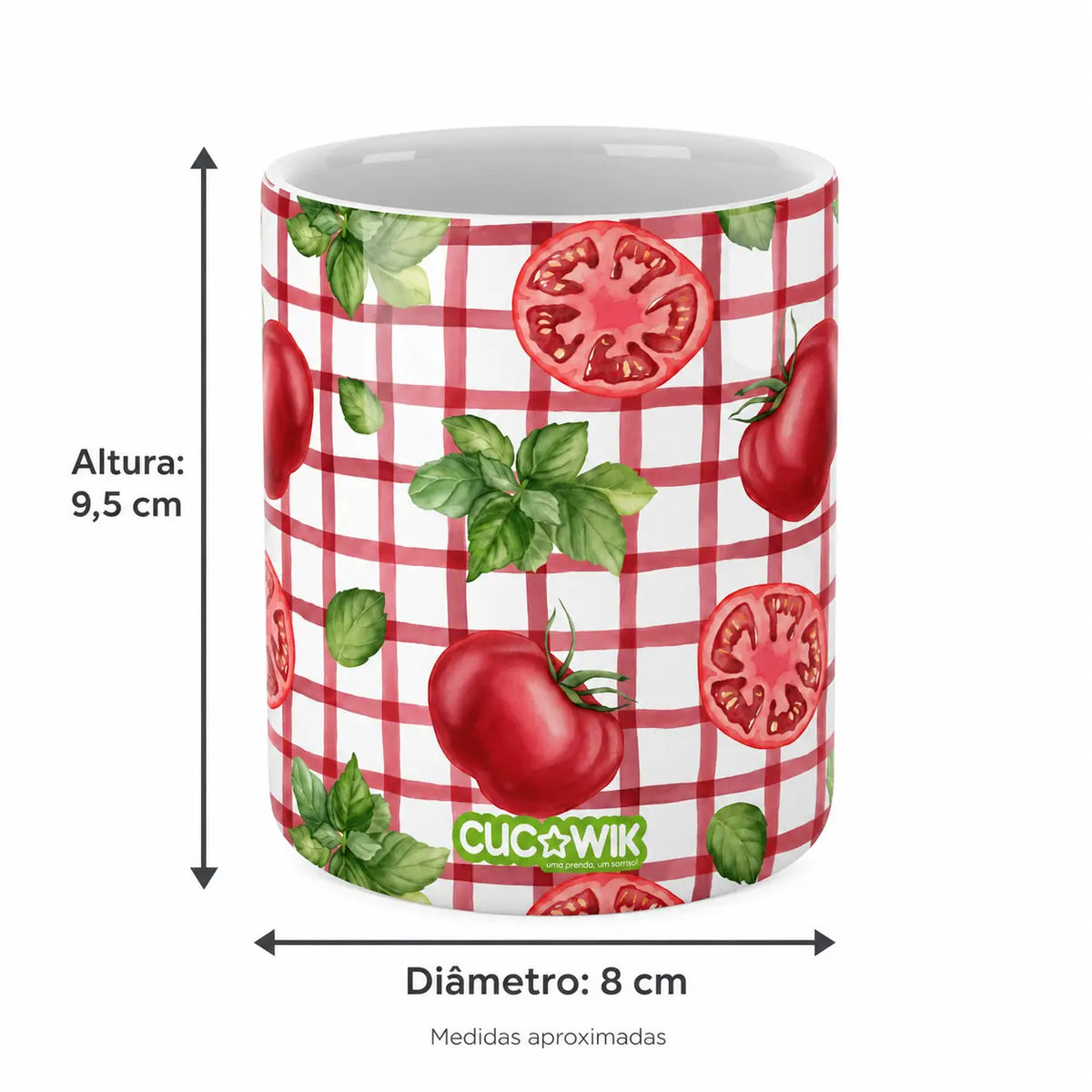 Copo de Cerâmica Tomate Manjericão Xadrez — medidas aproximadas: altura 9,5 cm e diâmetro 8 cm
