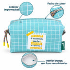 Necessaire Médio Impermeável Eden "Acreditar É Essencial Mas Ter Atitude Faz A Diferença" — características e fecho em metal prateado