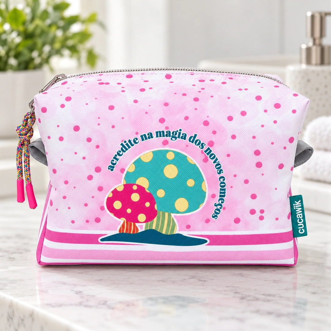 Necessaire Grande Impermeável Eden "Acredita na Magia dos Novos Começos" — em ambiente de casa de banho