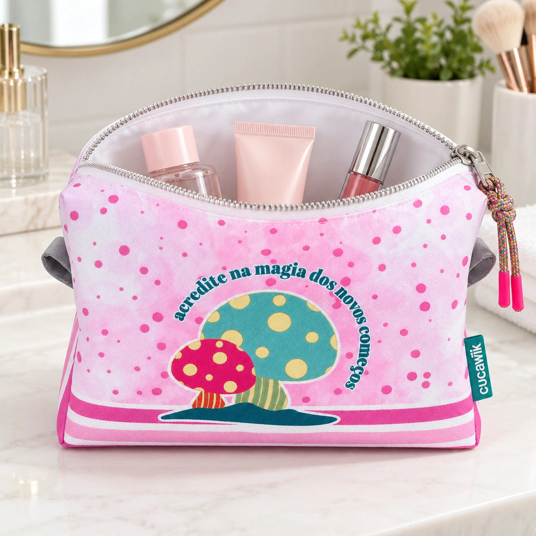 Necessaire Grande Impermeável Eden "Acredita na Magia dos Novos Começos" — aberta com cosméticos