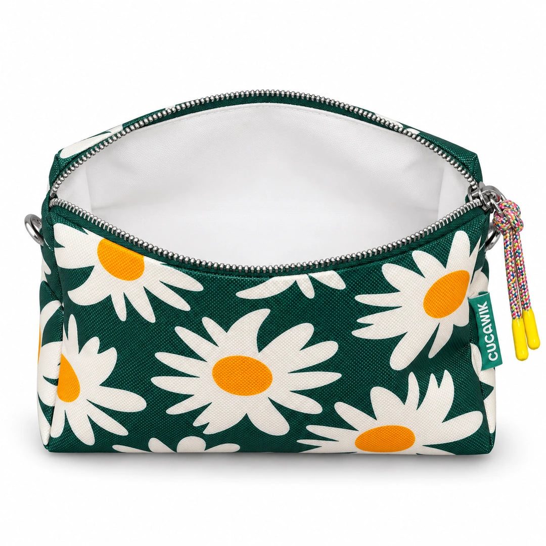 Necessaire Grande Impermeável Eden Margaridas Fundo Verde Escuro — aberta e vazia, interior branco sem forro nem divisórias